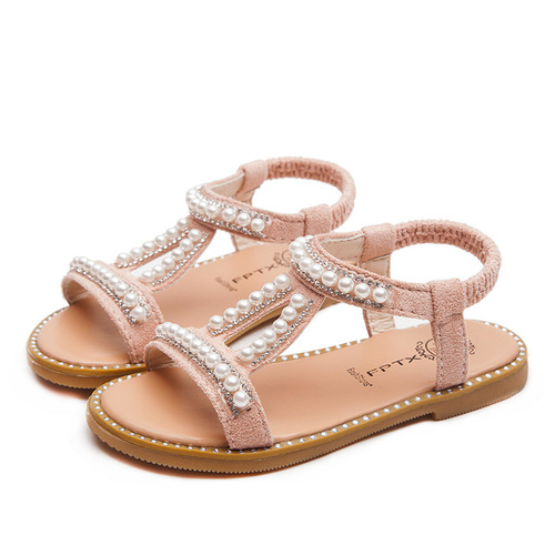 2024 Summer New Girls Pearl Sandals Baby Korean Style Open Toe Princess Shoes Small and Medium Children Wholesale
