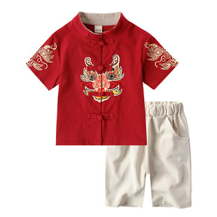 Детское весеннее ханьфу для мальчиков, нарукавники, комплект, детская одежда, китайский стиль, короткий рукав, 2022, из хлопка и льна