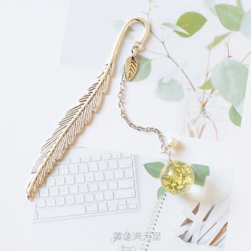 Dried flower label bookmark student reading pagination mark metal book clip pendant feather bookmark stationery wholesale