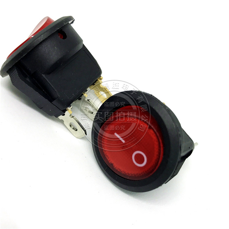 6A圆型电源开关KCD1 船型开关红色带灯3脚2档 圆形开关