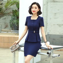 黑色职业装女套装气质韩版大码工衣夏季短袖美容师酒店前台工作服