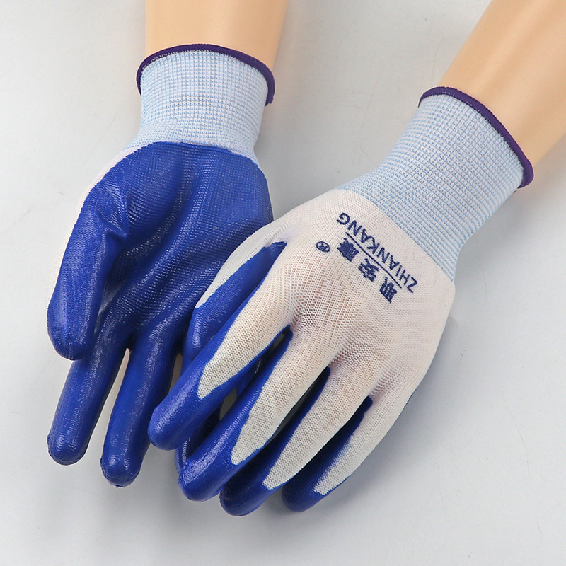 职安康 蓝色防水518园艺丁腈防滑劳保手套软胶浸胶 防割涂胶手套