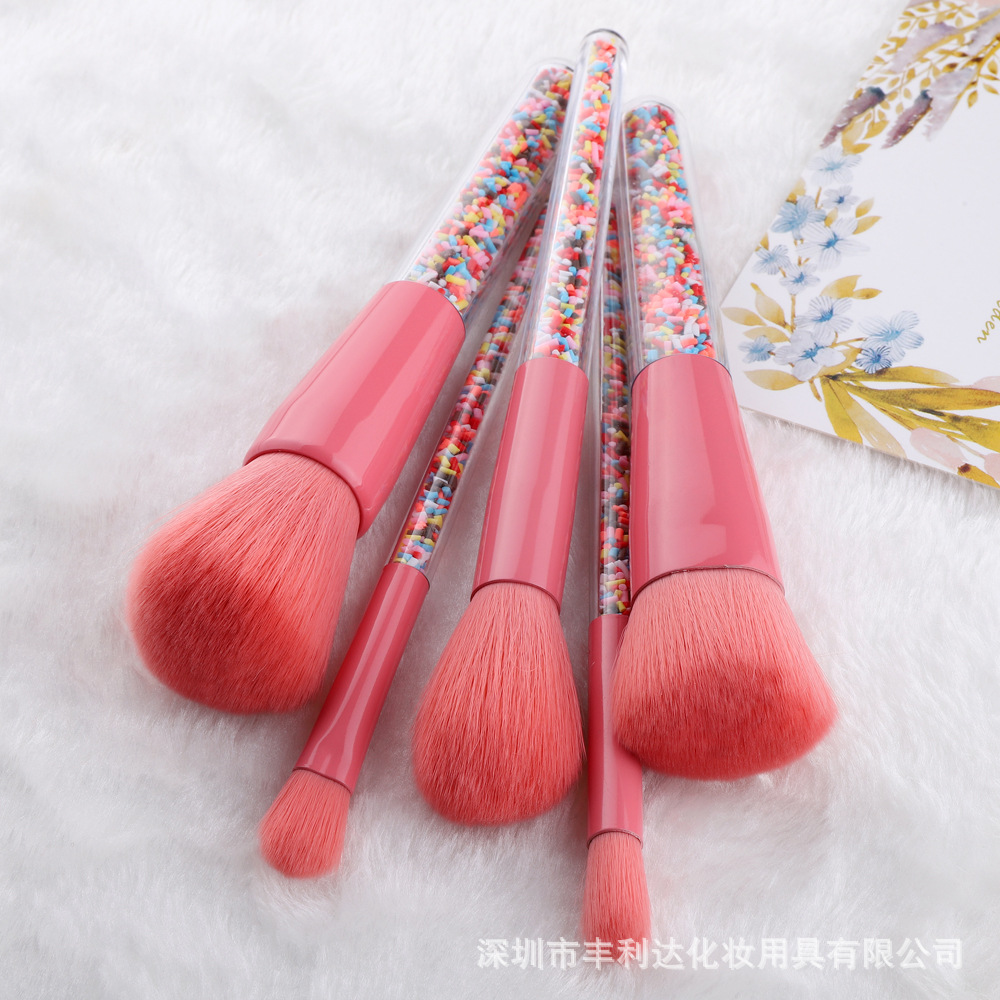 Set de 5 brochas de maquillaje transfronterizas, brochas de maquillaje de colores dulces con partículas coloridas, set de brochas de maquillaje, serie estilo femenino.
