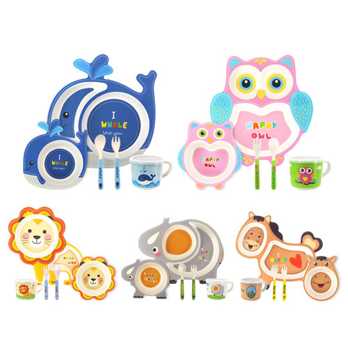 Bamboo fiber children's tableware set Cartoon bowl compartment baby plate spoon fork cup five-piece gift tableware set