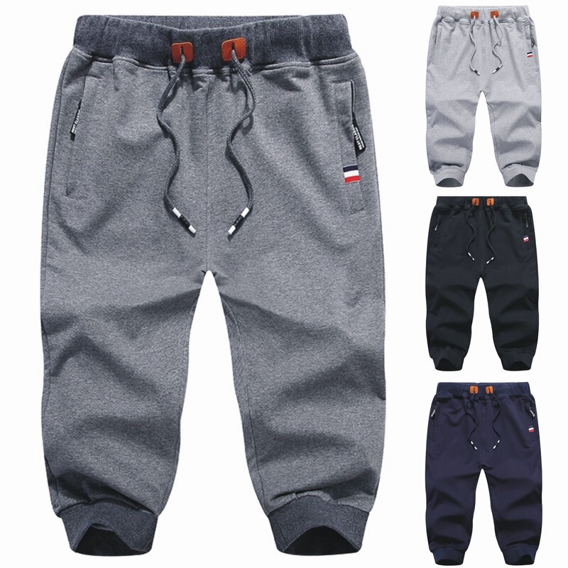 Wholesale Summer Men's Cropped Trousers with Zipper Pockets Elastic Elastic Waistband Sweatpants Cross-Border Three-Quarter Leggings Trendy