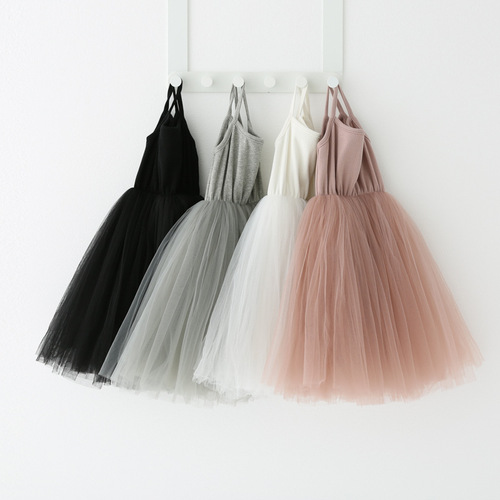 New Women's Children's Strappy Dress, Middle Childhood Ribbed Splicing Net Gown Princess Dress Pom Pom Dress Dropshipping