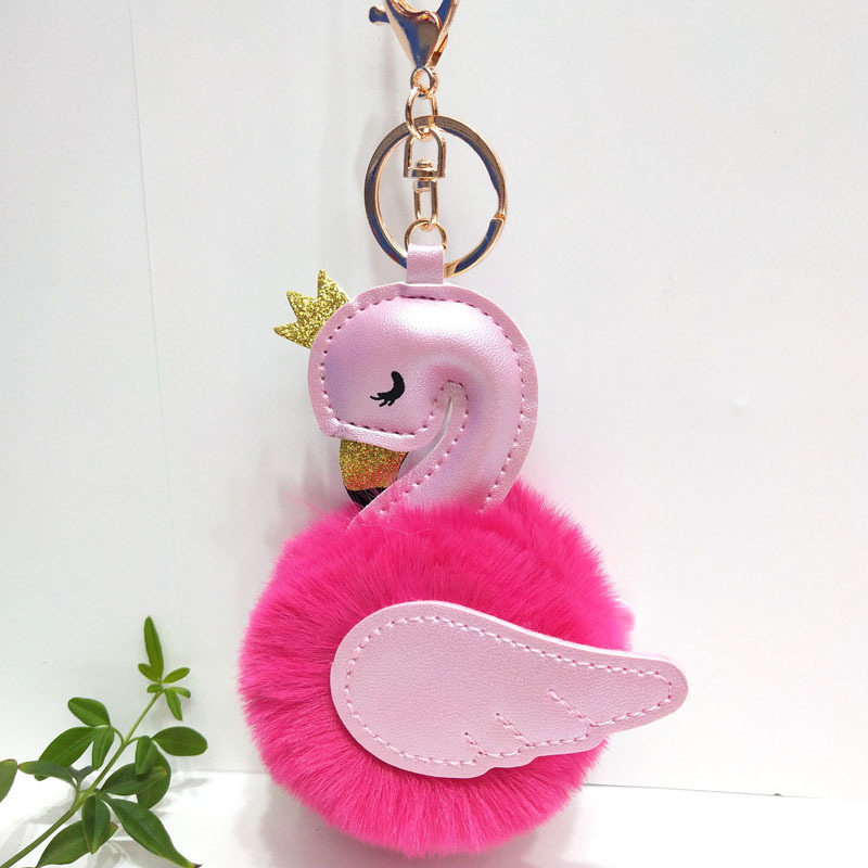 创意PU皮天鹅毛绒钥匙扣仿獭兔毛女士包包挂件新奇特汽车挂饰礼品