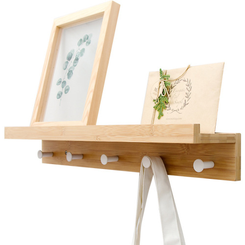 【Dropshipping】Bamboo Wood Single-Row Wall Shelf with Bamboo Hooks Wall Mounted Display Shelf Wall Layered Shelf