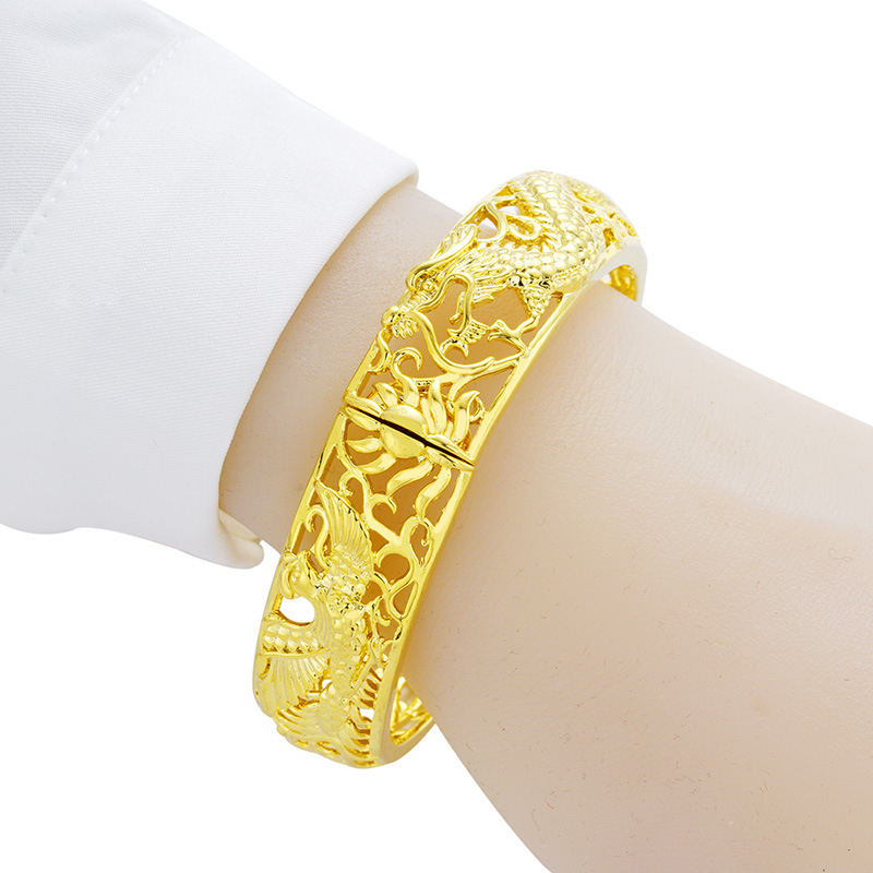 Largo tiempo sin desvanecimiento dragón hueco y Fénix pulsera nupcial mujer moneda europea cobre plateado Vietnam arena chapado en oro pulsera joyería de la boda