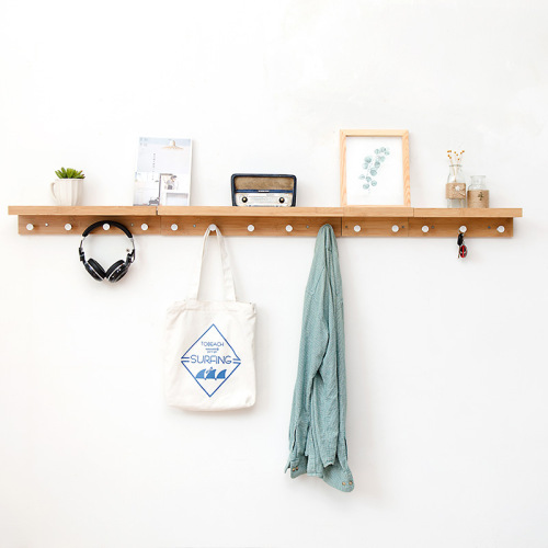 【Dropshipping】Bamboo Wood Single-Row Wall Shelf with Bamboo Hooks Wall Mounted Display Shelf Wall Layered Shelf