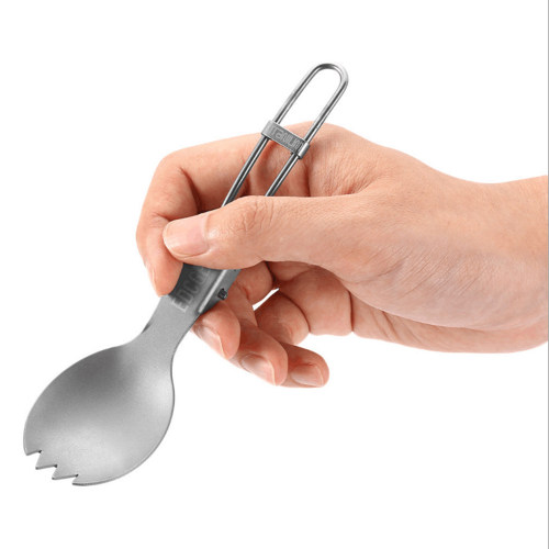 Pure titanium folding toothed spoon, easy to carry outdoors for camping and picnic tableware, titanium spoon, titanium fork