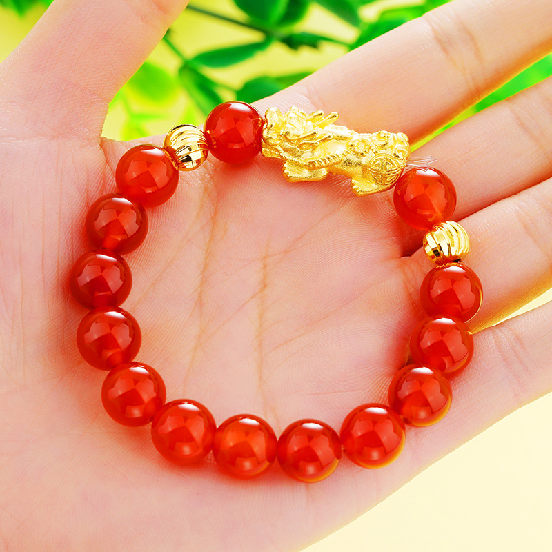 Pulsera Pixiu de Oro Vietnamita de Imitación al por Mayor, Pulsera de Ágata Roja de Oro Duro 3D de Imitación para Mujer image 3