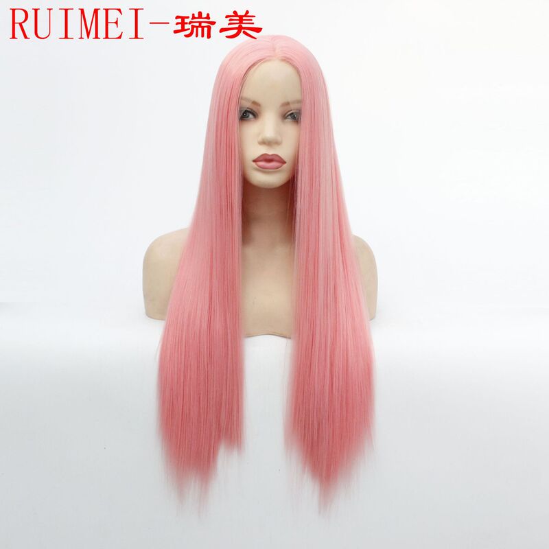 pink long straight hair cosplay synthetic lace front wig headgear