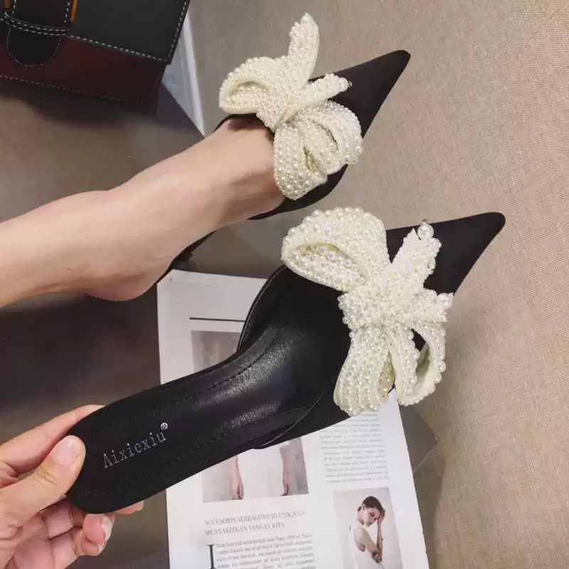 2025 новая летняя сеть красный жемчуг стразы с бантами на каблуках женские туфли