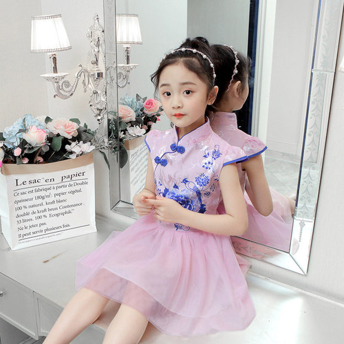Children's and girls' medium-sized new dress, qipao dress, summer 2024 princess dress, Chinese style short-sleeved chiffon dress