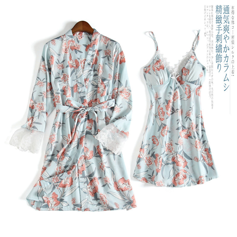 Spring new silk pajamas ladies summer suspenders skirt long sleeve robe two-piece outings home clothes wholesale Spring new silk pajamas ladies summer suspenders skirt long sleeve robe two-piece outings home clothes wholesale