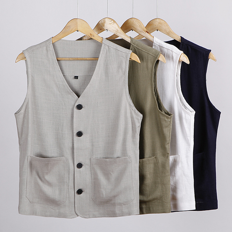 Summer Thin Chinese Style Men's Linen Loose Vest Plus Size Vintage Cotton Linen Vest Waistcoat
