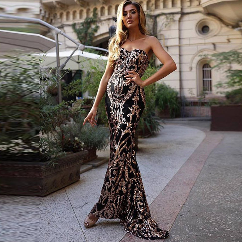 2025 European and American Tube Top Dress New Sequin Evening Dress Floor-Length Long Skirt Sleeveless Chest-Wrapped Sequin Dress