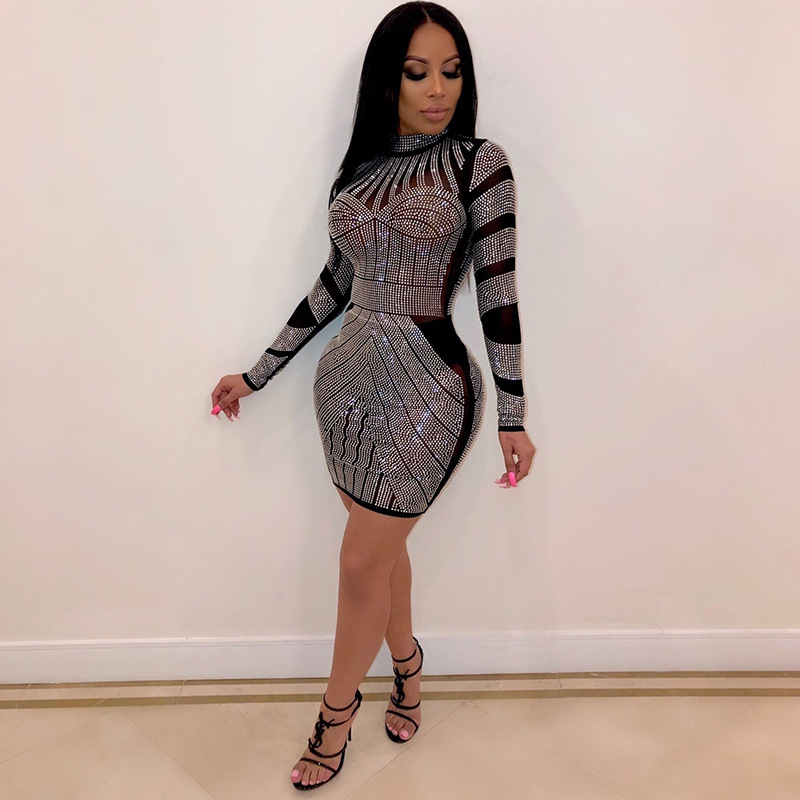 Cross-border WISH AliExpress Ebay2020 moda europea y americana de las mujeres rhinestone nightclub falda vestido de ropa de mujer HL3201 image 3
