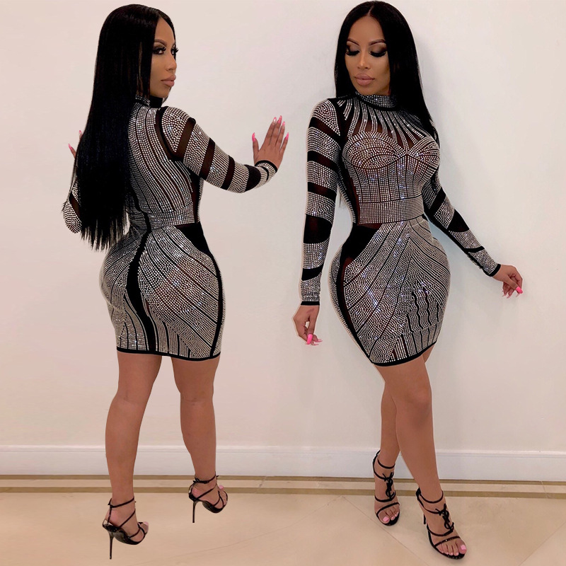 Cross-border WISH AliExpress Ebay2020 moda europea y americana de las mujeres rhinestone nightclub falda vestido de ropa de mujer HL3201 image 2
