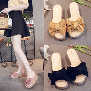 Thick-Soled Sandals, Wedge Heels, Women's Fashionable Summer New Korean Style Slippers, Outer Wear, Sandals, Platform Soles with Bows