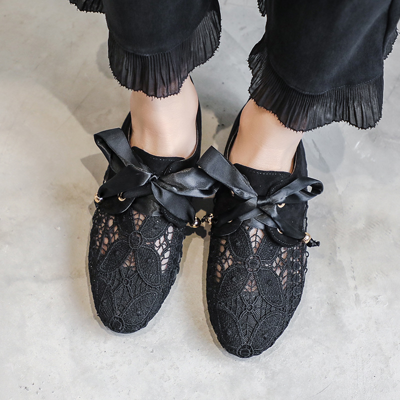 2023 nuevos zapatos de mujer plana encaje-up viejo Beijing malla encaje zapatos de mujer estilo británico zapatos de una sola capa para las mujeres