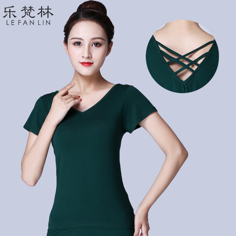 다크 그린 크로스 백 짧은 소매 탑