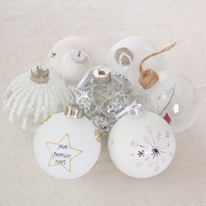 Bola de Navidad de cristal de 8 cm, transparente, para colgar, decoración navideña, bodas, perlas, lentejuelas, pintada, esmerilada