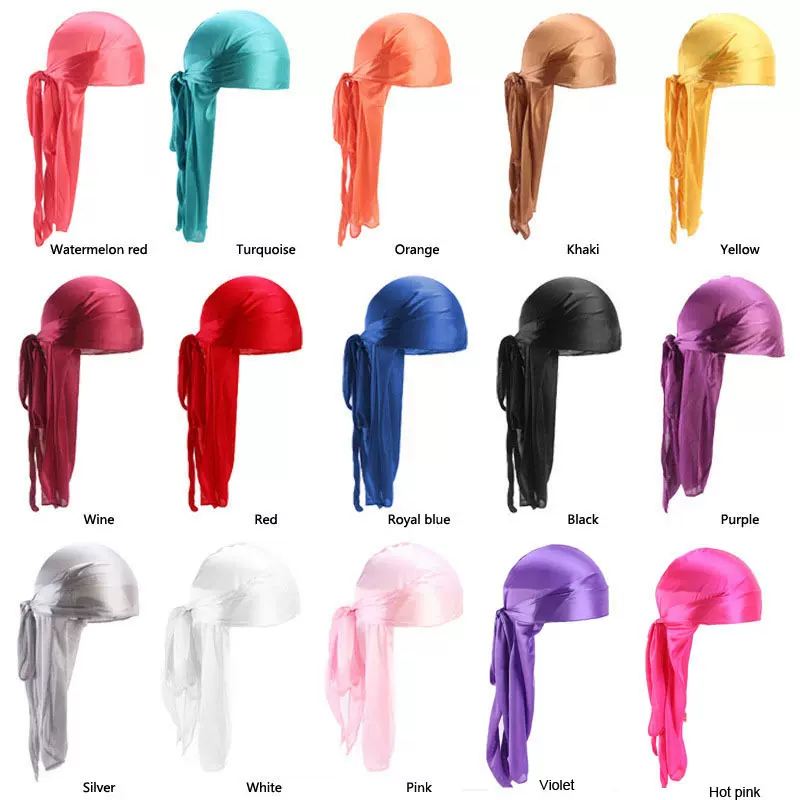 欧美爆款男女仿真丝长尾头巾帽 海盗帽 silky durag TJM-05C