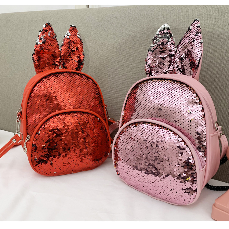 Estilo coreano de dibujos animados Orejas de conejo lentejuelas bolso de los niños moda chica hombro bolsa de mensajero jardín de infantes multiusos pequeña mochila
