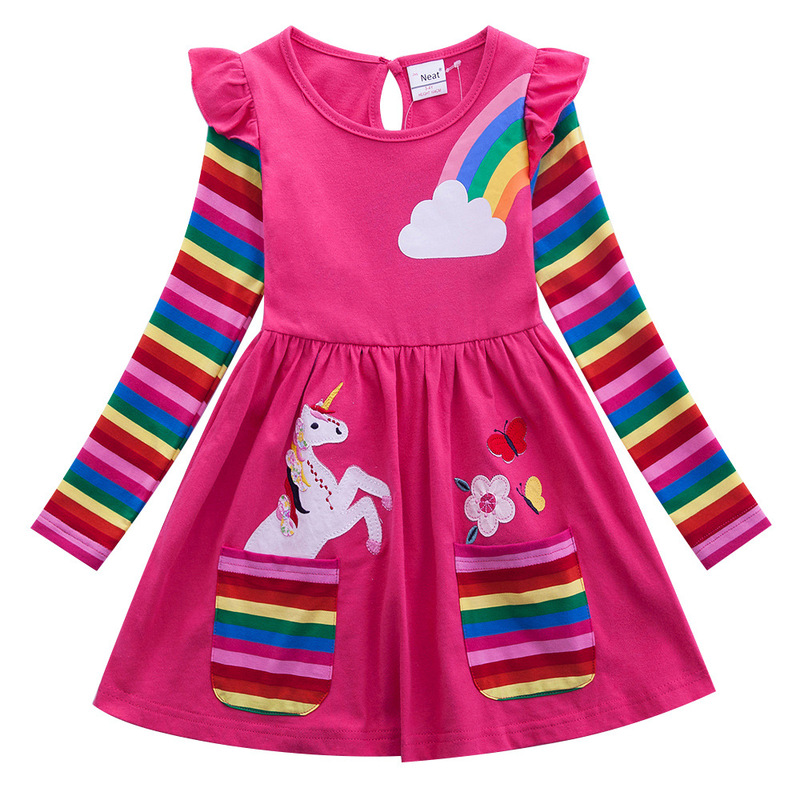 European and American Style Girls Long-Sleeved Unicorn Dress Spring and Autum Embroidered Two Flap Pocket Pantss Rainbow Sleeves Lh81035 European and American Style Girls Long-Sleeved Unicorn Dress Spring and Autum Embroidered Two Flap Pocket Pantss Rainbow Sleeves Lh81035