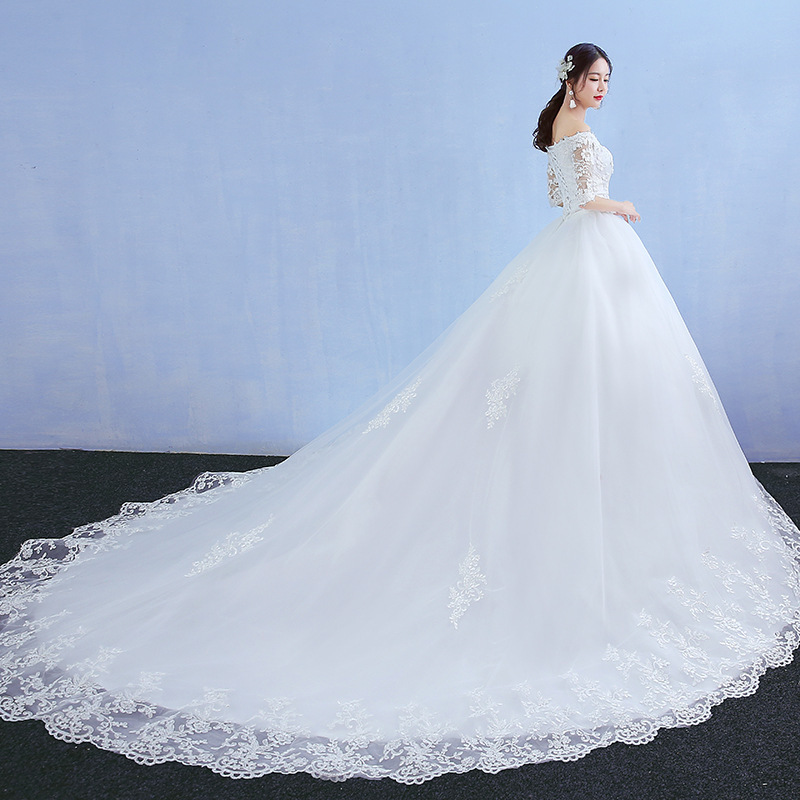 One-Shoulder Wedding Dress for Bride 2026 New Style Long Train Dreamy Princess Korean Long-Sleeve Slimming Floor-Length Wedding Dress