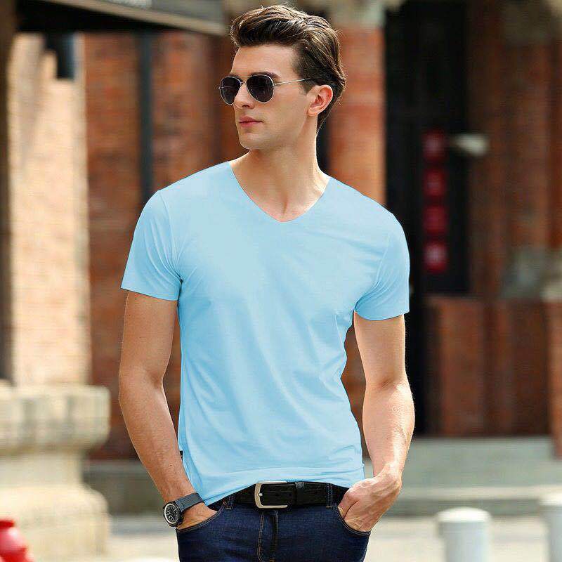 NanRenShuai/Nanren hombres guapos camiseta hombres de manga corta con cuello en V elástico casual corte color sólido más tamaño hombres