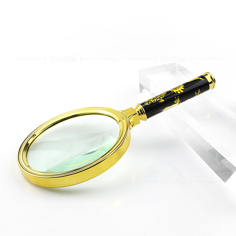 Manufacturer Direct Sales Gold Dragon Pattern Plastic Handle 10X Elderly Reading Children and Kids Teaching Handheld Magnifier