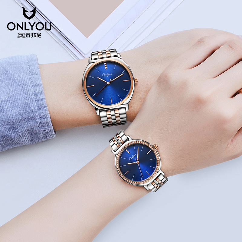 奥利妮女表石英表情侣表时尚防水镶钻精钢学生表钢带简约情侣表