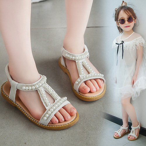 2024 Summer New Girls Pearl Sandals Baby Korean Style Open Toe Princess Shoes Small and Medium Children Wholesale