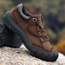 外贸出口清仓特价捡漏头层牛皮休闲皮鞋男士低帮户外徒步登山鞋
