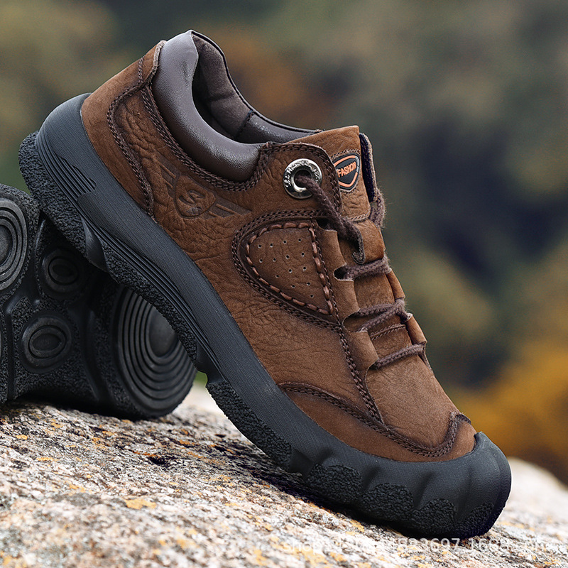 外贸出口清仓特价捡漏头层牛皮休闲皮鞋男士低帮户外徒步登山鞋