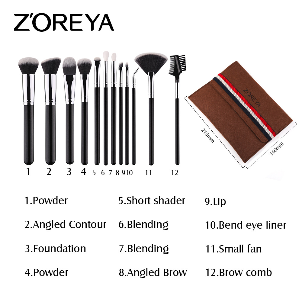 Zhuolya transfronteriza negro Mango de madera herramientas de belleza polvo suelto sombra de ojos cepillo de labios traje 12 pinceles de maquillaje conjunto completo venta al por mayor