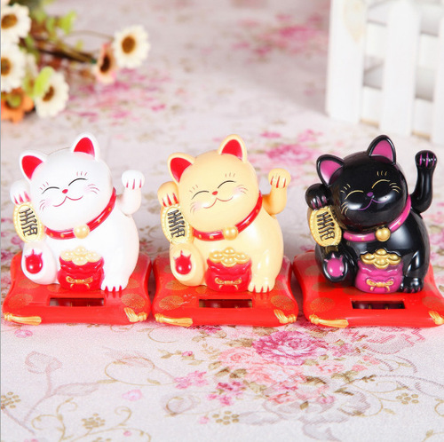Small waving hand lucky cat, solar powered waving feng shui cat, creative textured car ornaments, gifts and gifts