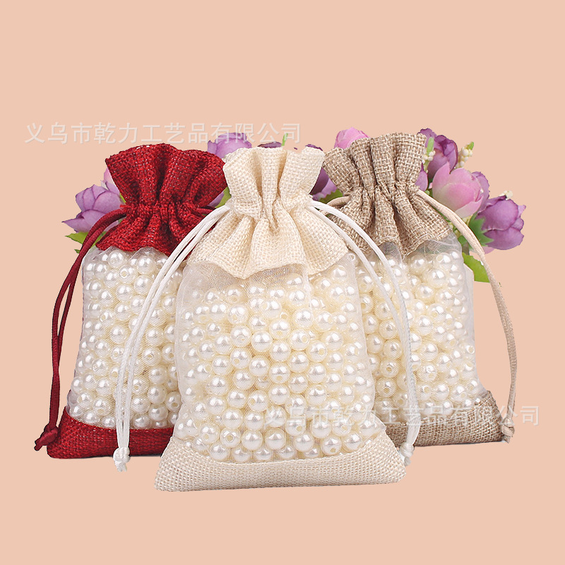 现货批发麻布开窗袋 束口仿麻拼接首饰礼品袋糖果色端午节粽子袋