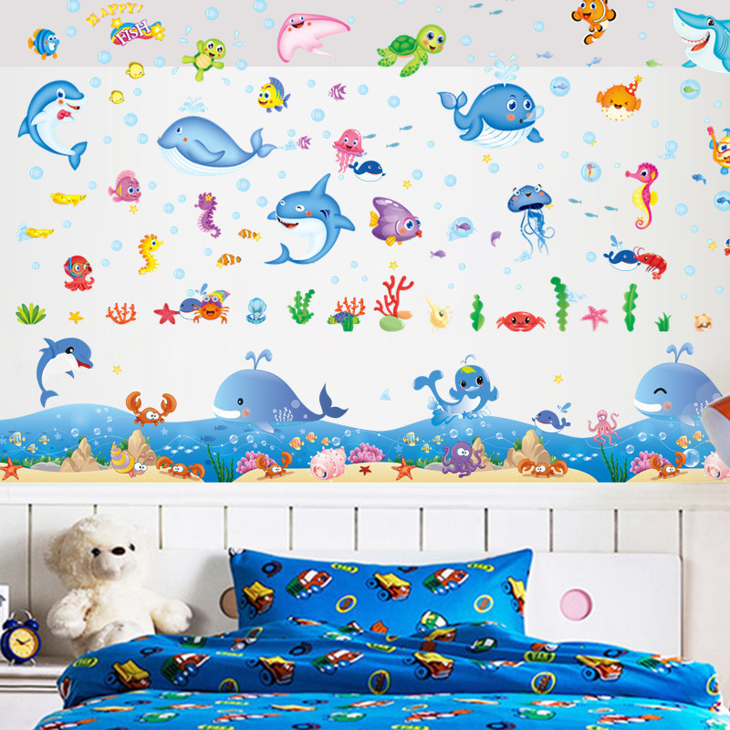 Ocean Fish Dolphin Swimming Pool Bathroom Cartoon Height Stickers Kidsren's Room Rental Room Renovation Decoration Self-Adhesive Wall Stickers