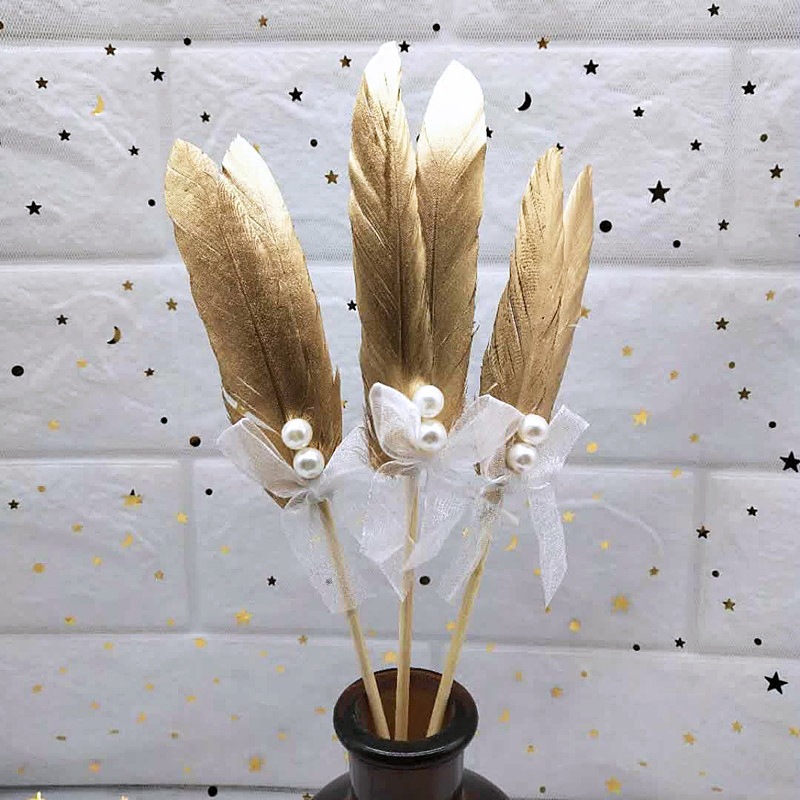 Golden Feather Cake Decoration Flag White Feather Pearl Responses…