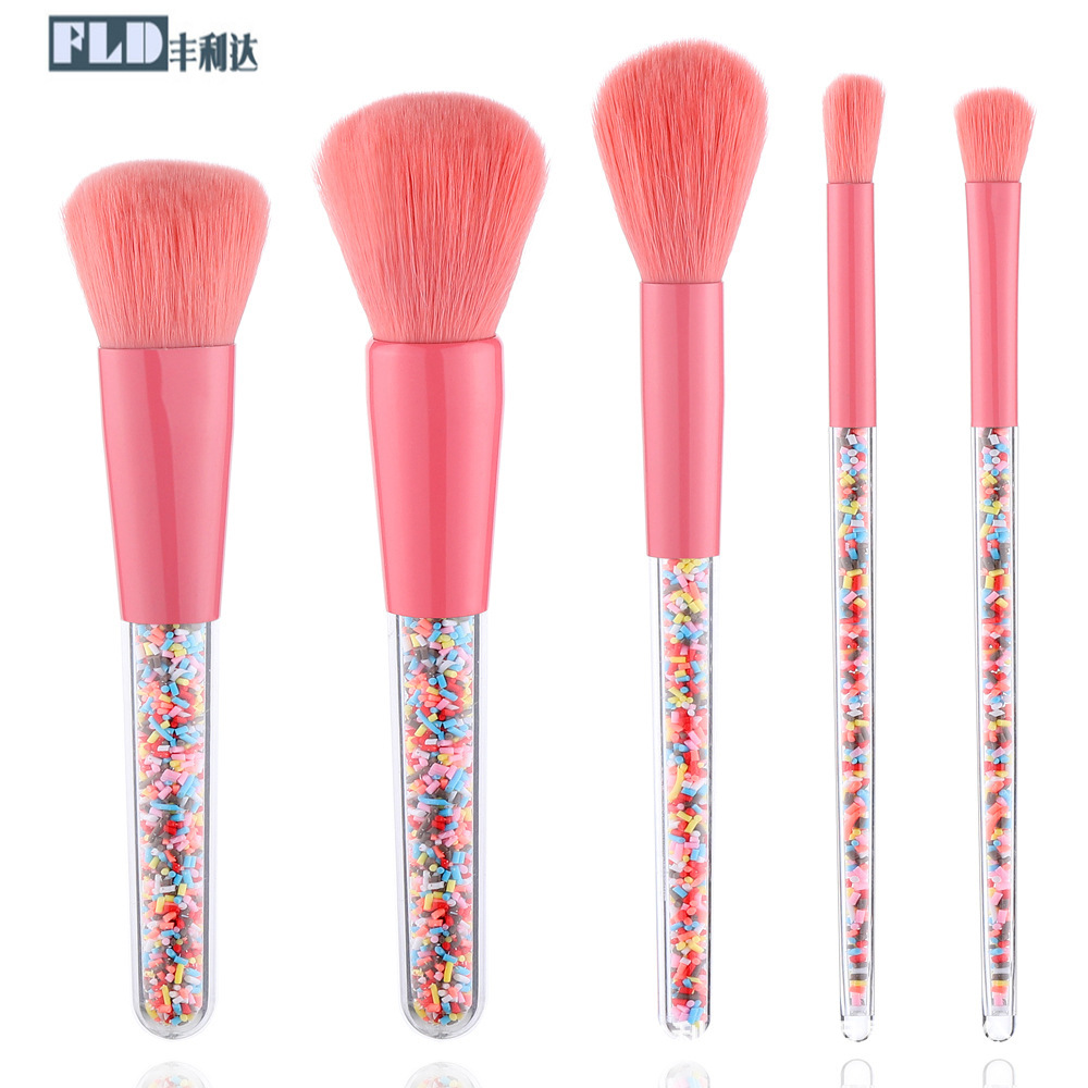Set de 5 brochas de maquillaje transfronterizas, brochas de maquillaje de colores dulces con partículas coloridas, set de brochas de maquillaje, serie estilo femenino.