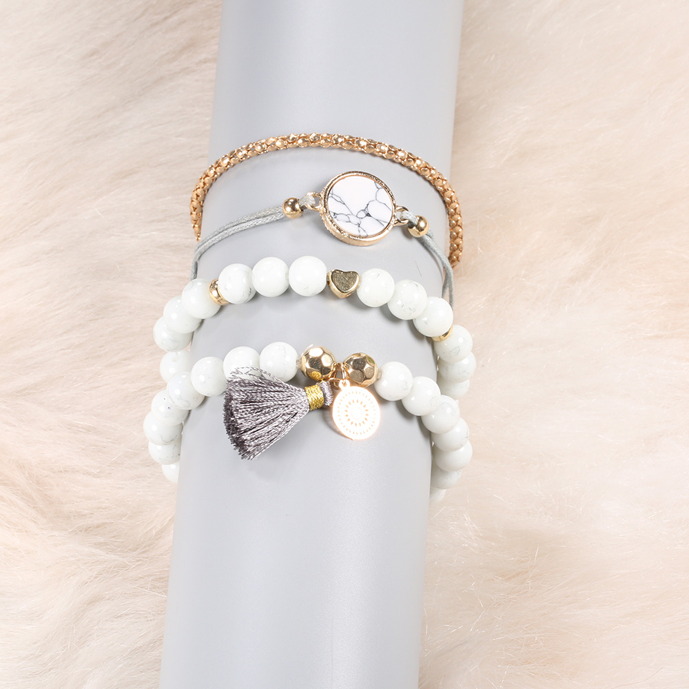 Boho Turquoise Stone Tassel Bracelet Set Four Piece Stackable_voghion.com