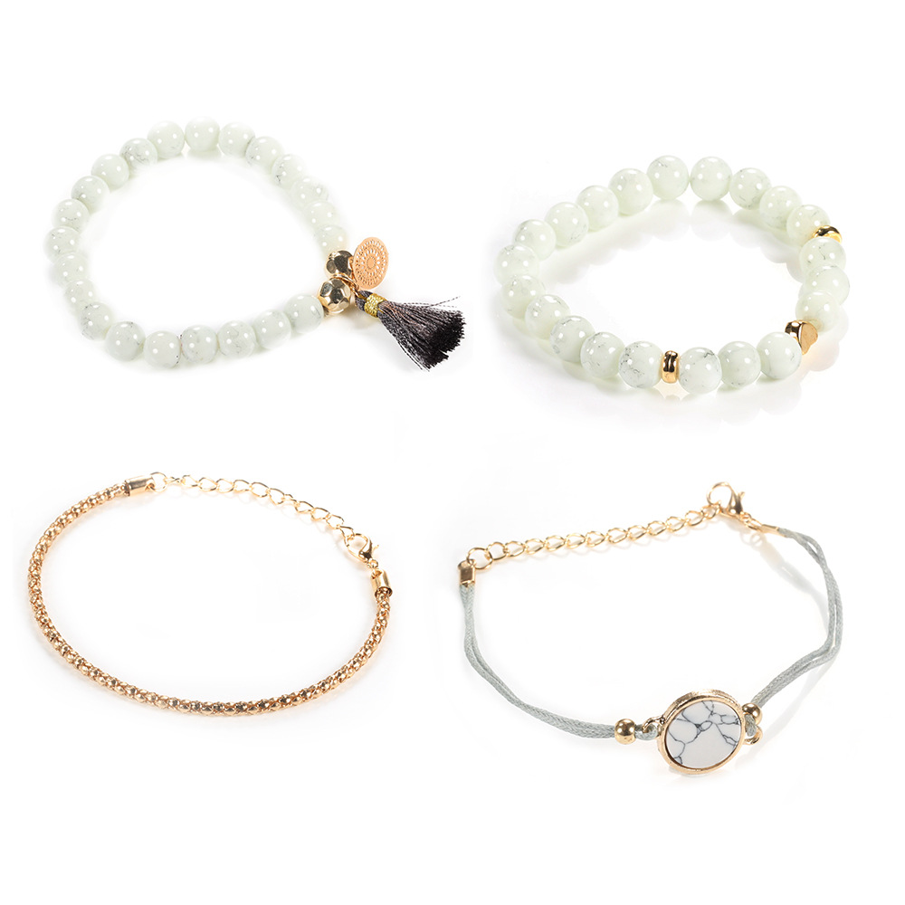 Boho Turquoise Stone Tassel Bracelet Set Four Piece Stackable_voghion.com