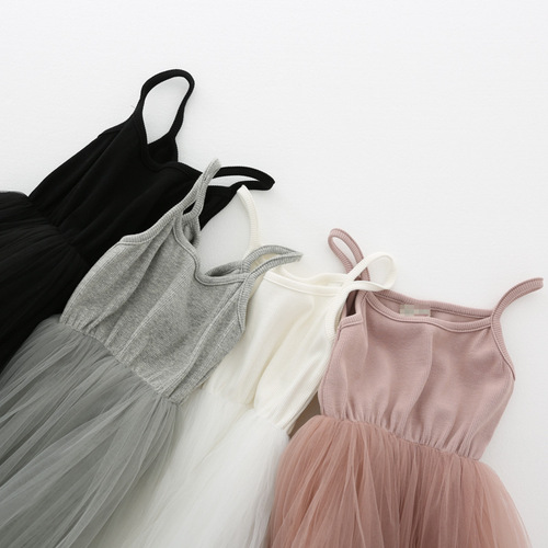 New Women's Children's Strappy Dress, Middle Childhood Ribbed Splicing Net Gown Princess Dress Pom Pom Dress Dropshipping