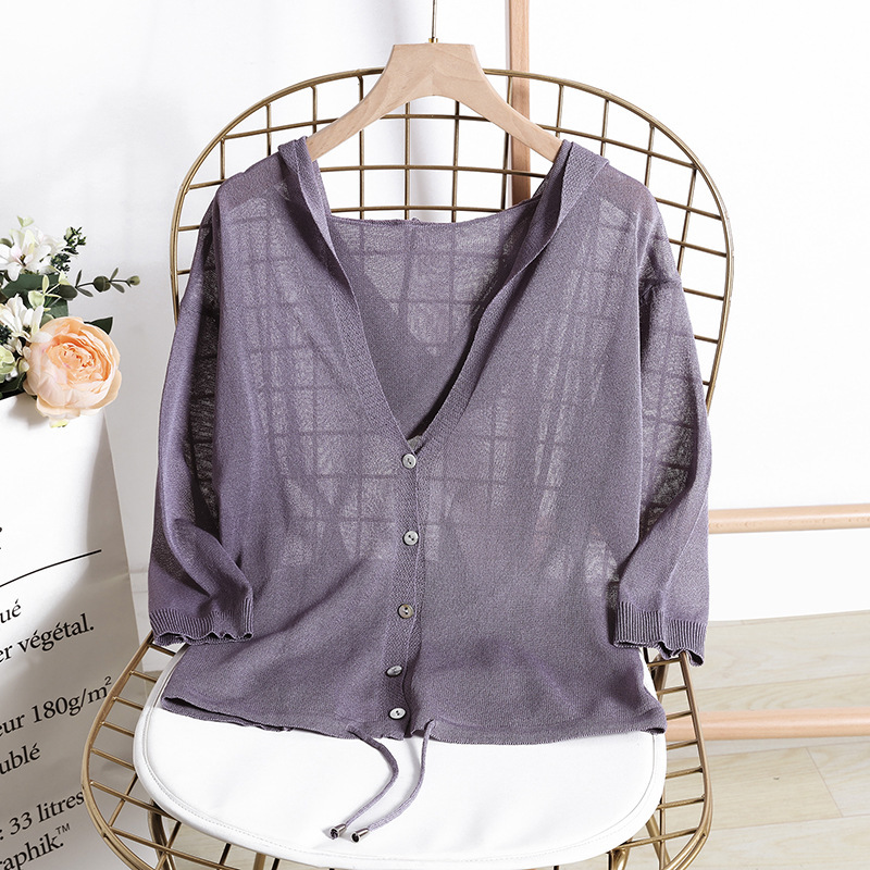 2019 Summer Linen Knitted Hooded Air-Conditioning Shirt New Korean Style Loose Solid Color Lace-Up Sun Protection Cardigan Small Jacket
