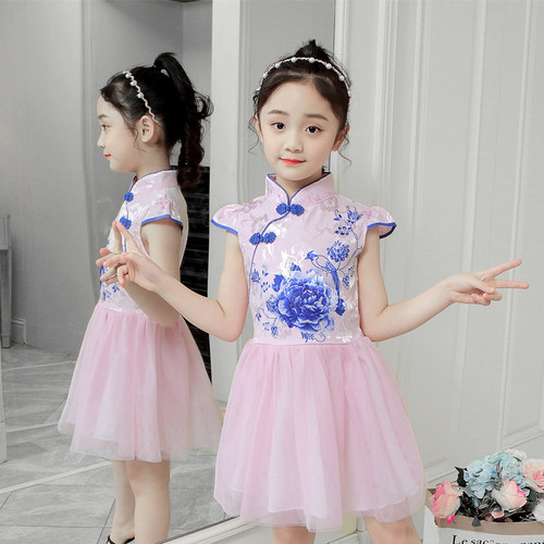 Children's and girls' medium-sized new dress, qipao dress, summer 2024 princess dress, Chinese style short-sleeved chiffon dress