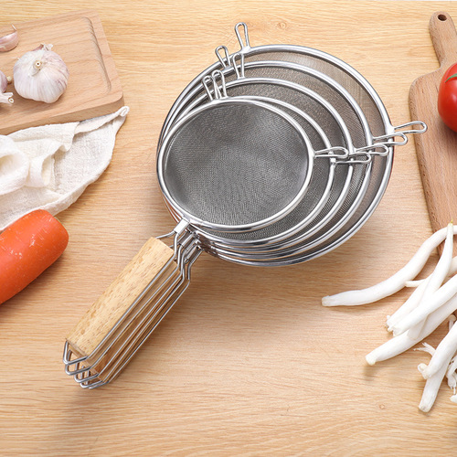 304 stainless steel large colander with wooden handle and double ears for frying spoon household kitchen utensils for noodle mesh drain filter